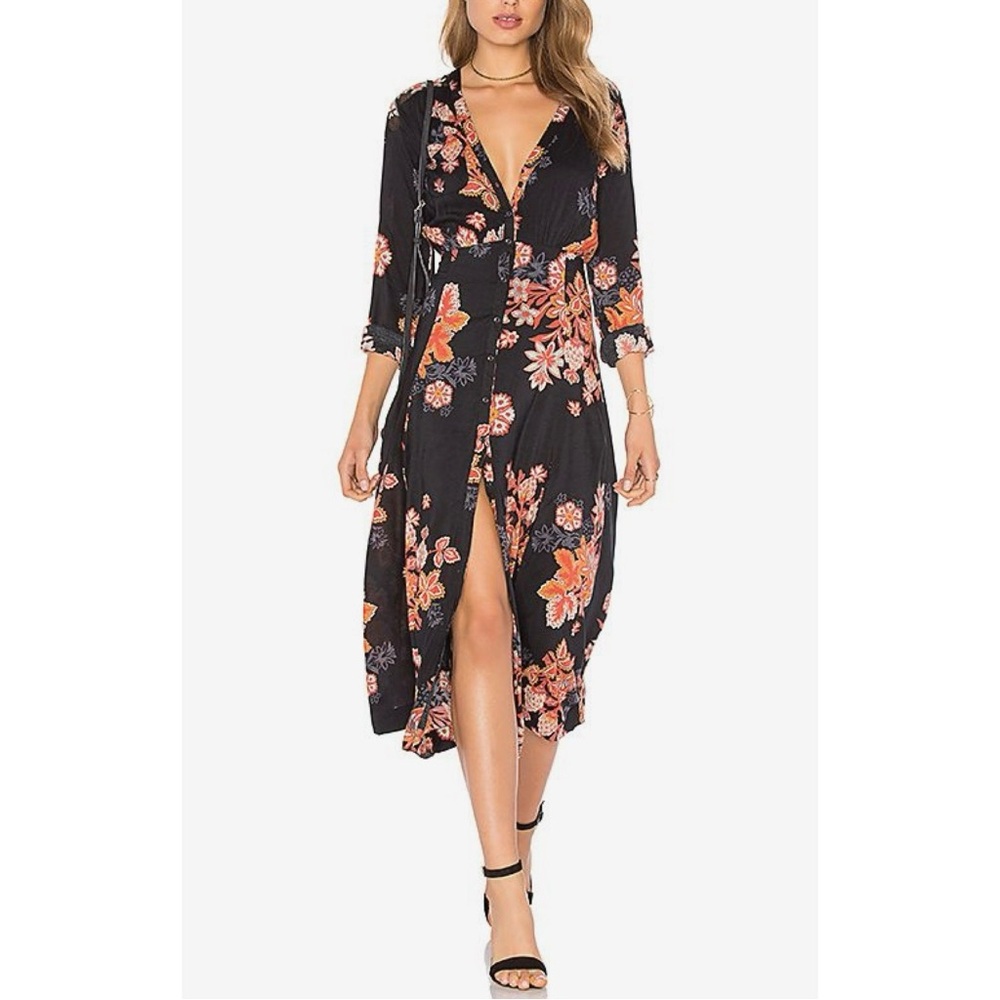 Free People Miranda Floral Midi Dress in Black Combo Sz 0 Sz XS